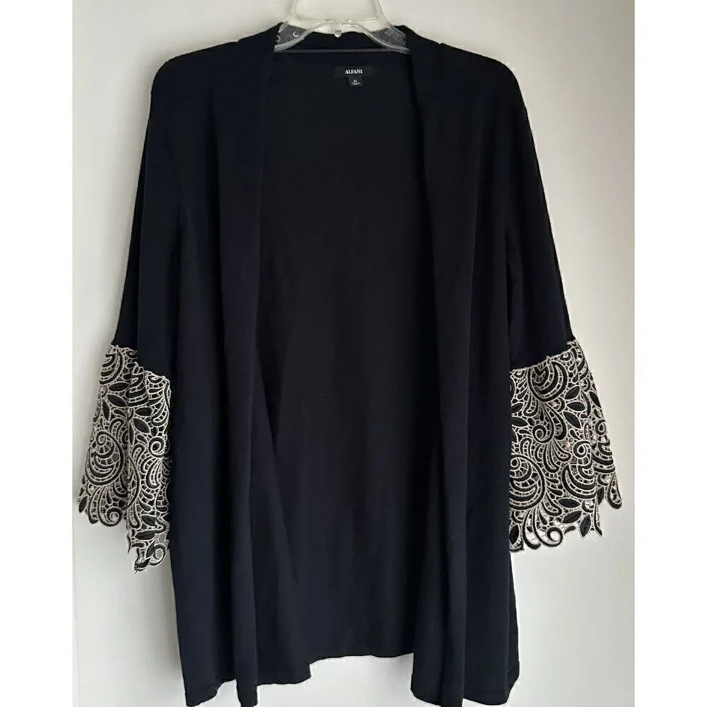 Alfani Womens Size 0X Open‎ Front Lace-Cuff Cardigan Black - Picture 2 of 8
